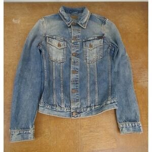 NUDIE JEANS Billy Men Jacket Sz S Shimmering Indigo Distressed Washed Denim Blue